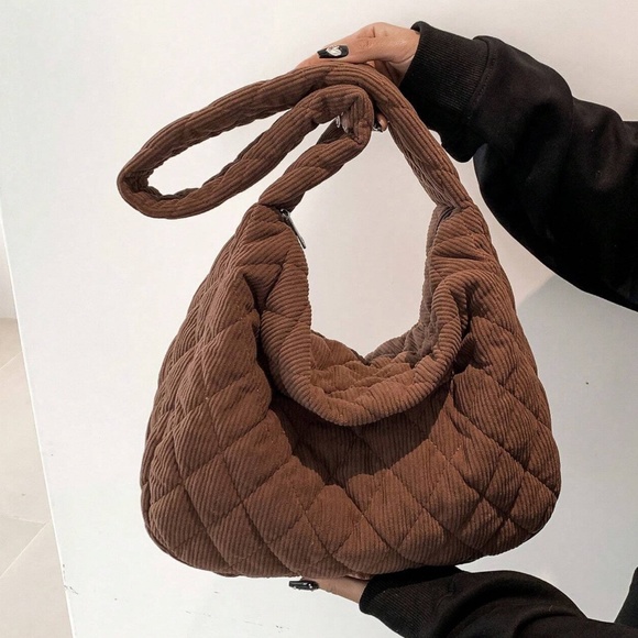 Luxe Quilted Corduroy Puffer Messenger Shoulder Crossbody Travel Bag - Picture 3 of 12